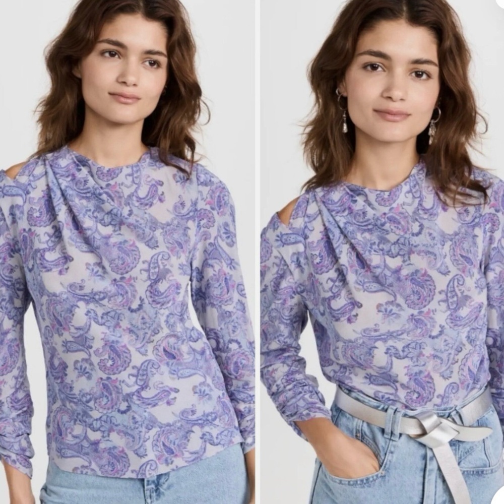 Isabel Marant Ice Blue Torence Paisley Silk Cut-Out Top